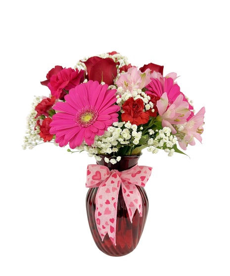 Say Be Mine with this lovely bouquet of red, pink and white mixed flowers. 