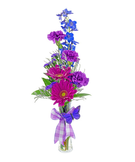 An attractive budvase filled with fresh flowers to display in the home or office. 